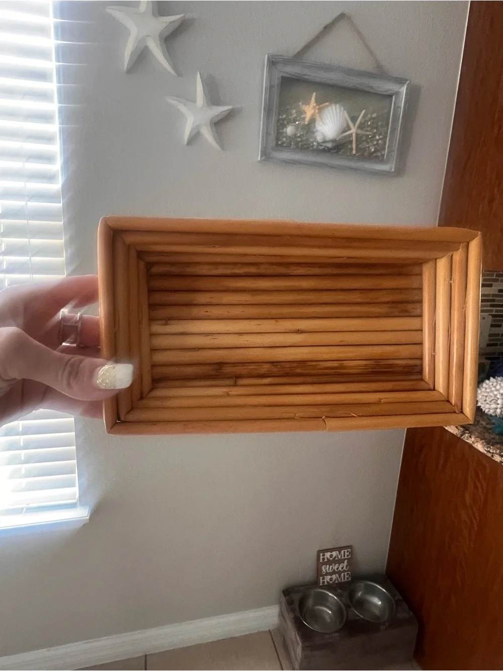 Vintage Bamboo Hand Sewn Tray Basket Island Coastal Decor